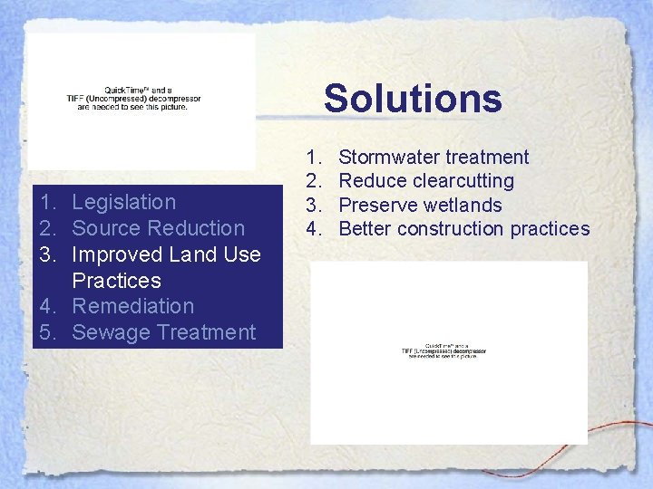 Solutions 1. Legislation 2. Source Reduction 3. Improved Land Use Practices 4. Remediation 5.