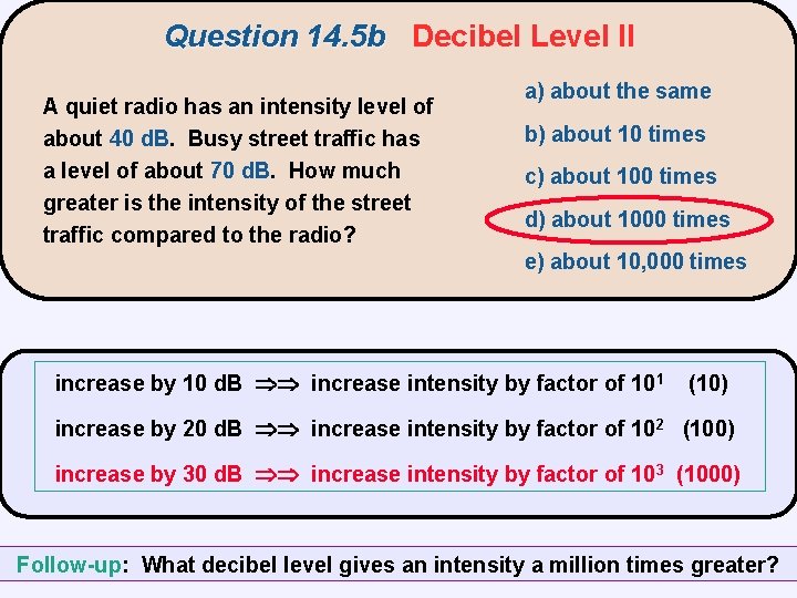 Question 14. 5 b Decibel Level II A quiet radio has an intensity level