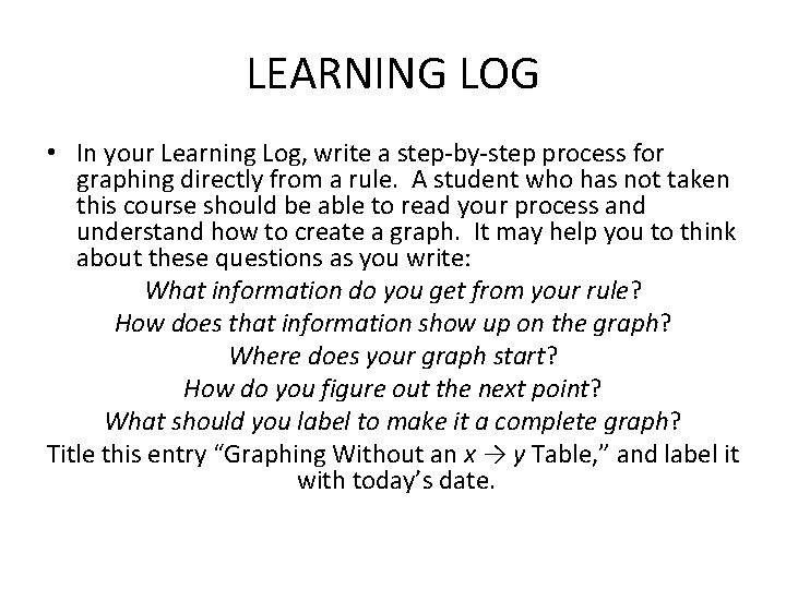 LEARNING LOG • In your Learning Log, write a step-by-step process for graphing directly