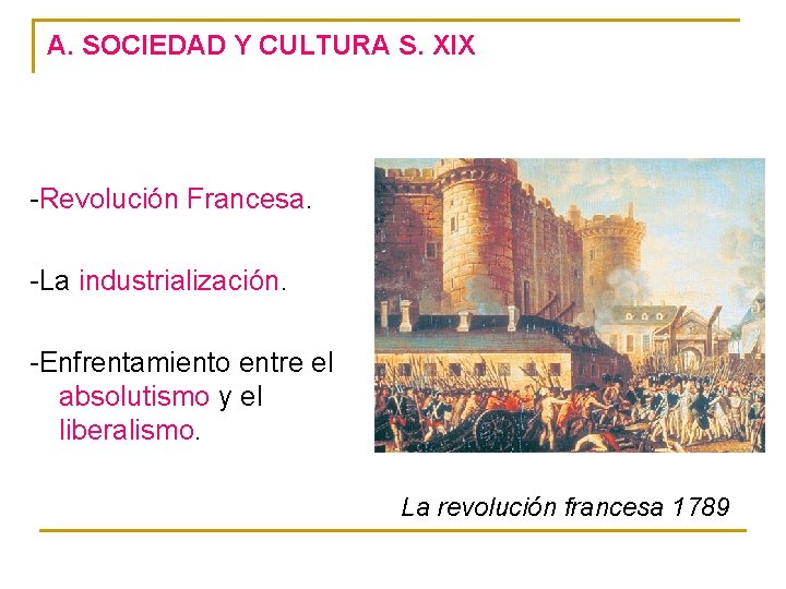 A. SOCIEDAD Y CULTURA S. XIX -Revolución Francesa. -La industrialización. -Enfrentamiento entre el absolutismo