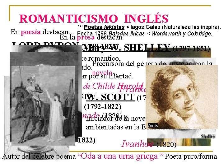 ROMANTICISMO INGLÉS 1º Poetas lakistas < lagos Gales (Naturaleza les inspira). Fecha 1798 Baladas