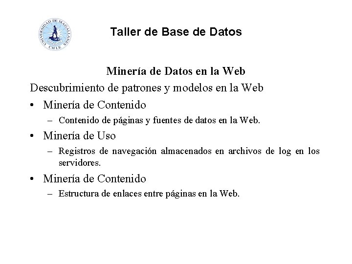 Taller de Base de Datos Minería de Datos en la Web Descubrimiento de patrones