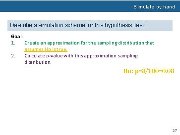 Simulate by hand Describe a simulation scheme for this hypothesis test. Goal: 1. Create