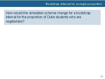Bootstrap interval for a single proportion How would the simulation scheme change for a