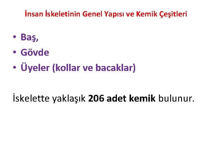 İnsan İskeletinin Genel Yapısı ve Kemik Çeşitleri • Baş, • Gövde • Üyeler (kollar