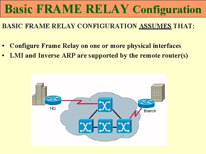 Basic FRAME RELAY Configuration BASIC FRAME RELAY CONFIGURATION ASSUMES THAT: • Configure Frame Relay