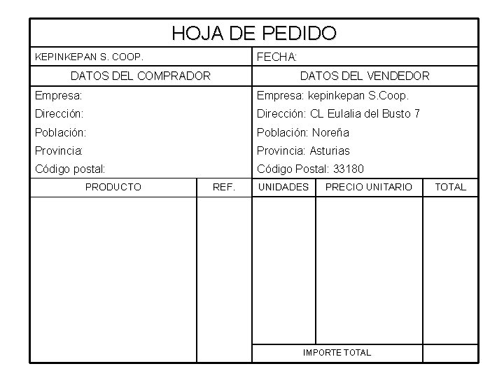 HOJA DE PEDIDO FECHA: KEPINKEPAN S. COOP. DATOS DEL COMPRADOR DATOS DEL VENDEDOR Empresa: