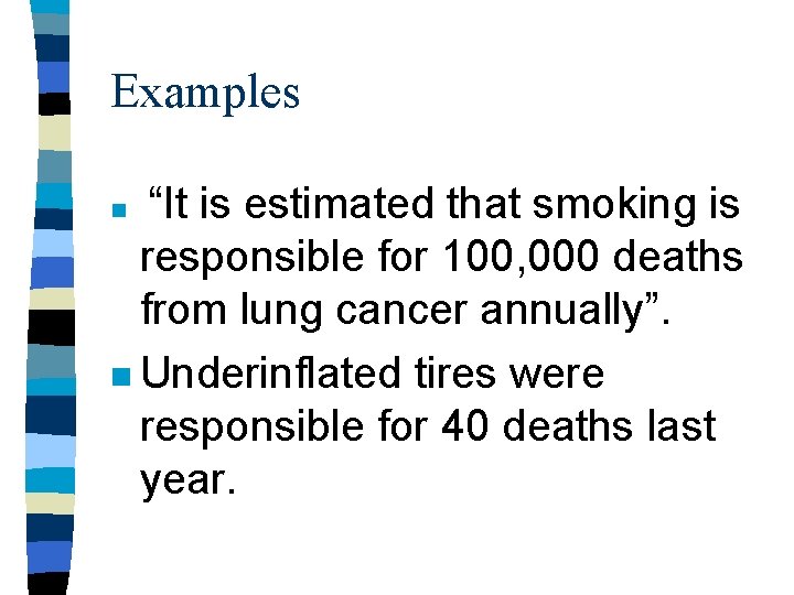 Examples “It is estimated that smoking is responsible for 100, 000 deaths from lung