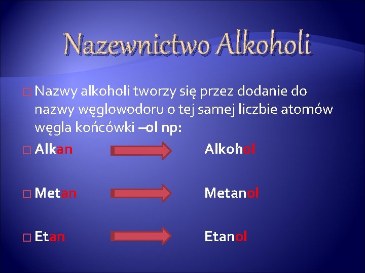 Nazewnictwo Alkoholi � Nazwy alkoholi tworzy się przez dodanie do nazwy węglowodoru o tej