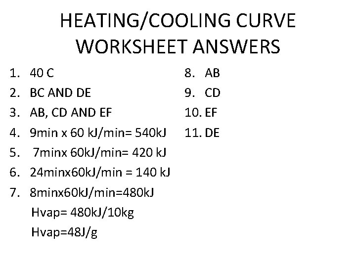 HEATING/COOLING CURVE WORKSHEET ANSWERS 1. 2. 3. 4. 5. 6. 7. 40 C BC