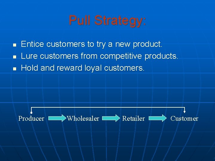 Pull Strategy: n n n Entice customers to try a new product. Lure customers