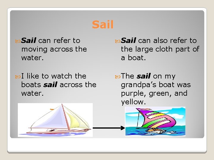 Sail can refer to moving across the water. Sail I The like to watch