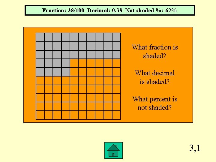 Fraction: 38/100 Decimal: 0. 38 Not shaded %: 62% What fraction is shaded? What