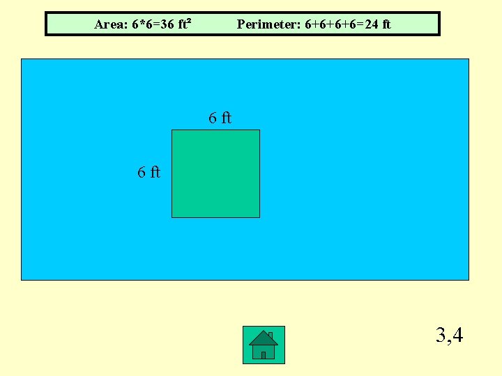 Area: 6*6=36 ft² Perimeter: 6+6+6+6=24 ft 6 ft 3, 4 