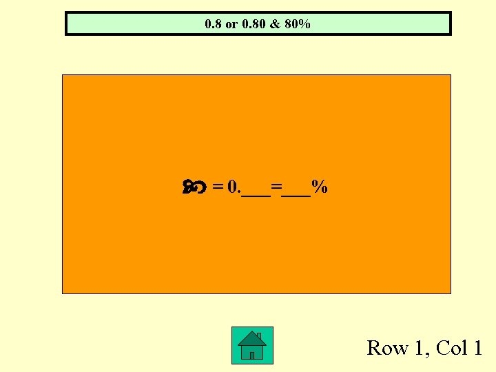 0. 8 or 0. 80 & 80% = 0. ___=___% Row 1, Col 1