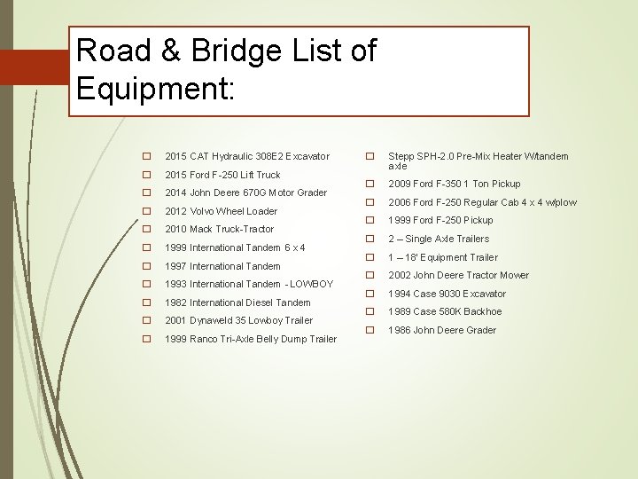 Road & Bridge List of Equipment: � 2015 CAT Hydraulic 308 E 2 Excavator