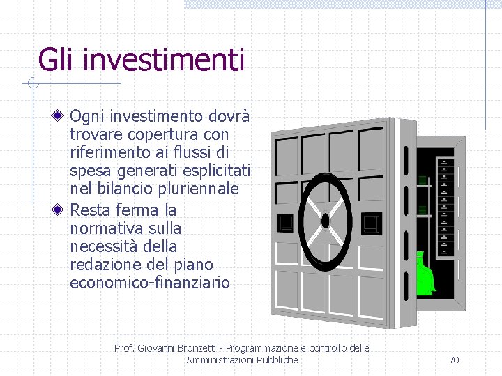 Gli investimenti Ogni investimento dovrà trovare copertura con riferimento ai flussi di spesa generati