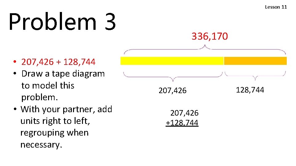 Lesson 11 Problem 3 • 207, 426 + 128, 744 • Draw a tape