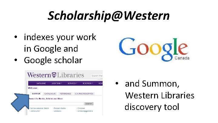 Scholarship@Western • indexes your work in Google and • Google scholar • and Summon,