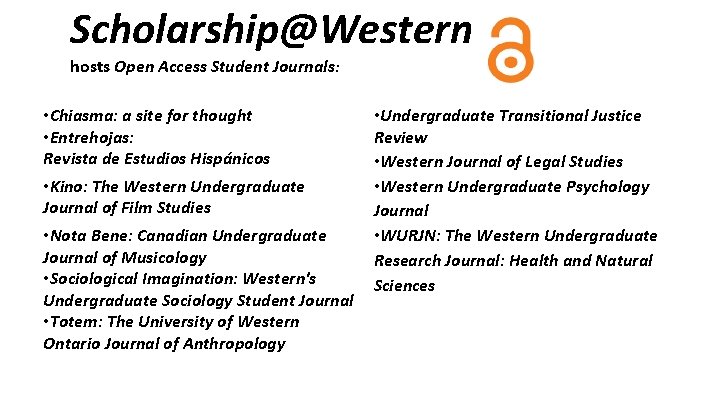 Scholarship@Western hosts Open Access Student Journals: • Chiasma: a site for thought • Entrehojas: