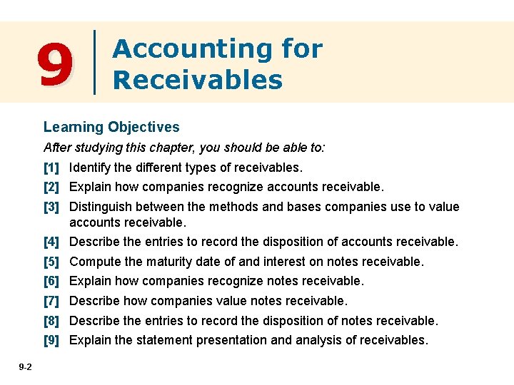 9 Accounting for Receivables Learning Objectives After studying this chapter, you should be able