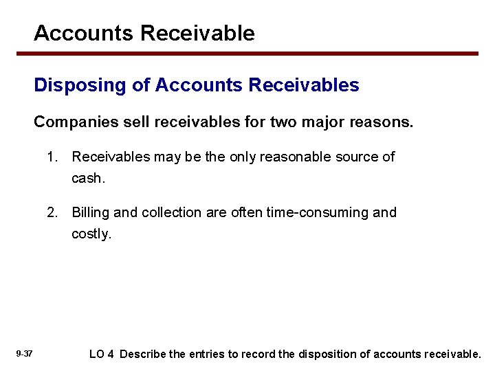 Accounts Receivable Disposing of Accounts Receivables Companies sell receivables for two major reasons. 1.