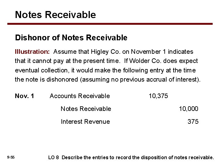 Notes Receivable Dishonor of Notes Receivable Illustration: Assume that Higley Co. on November 1