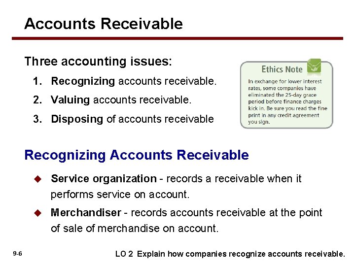 Accounts Receivable Three accounting issues: 1. Recognizing accounts receivable. 2. Valuing accounts receivable. 3.