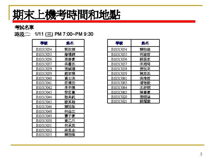 期末上機考時間和地點 考試名單 時段二: 1/11 (三) PM 7: 00~PM 9: 30 學號 姓名 B 10513034