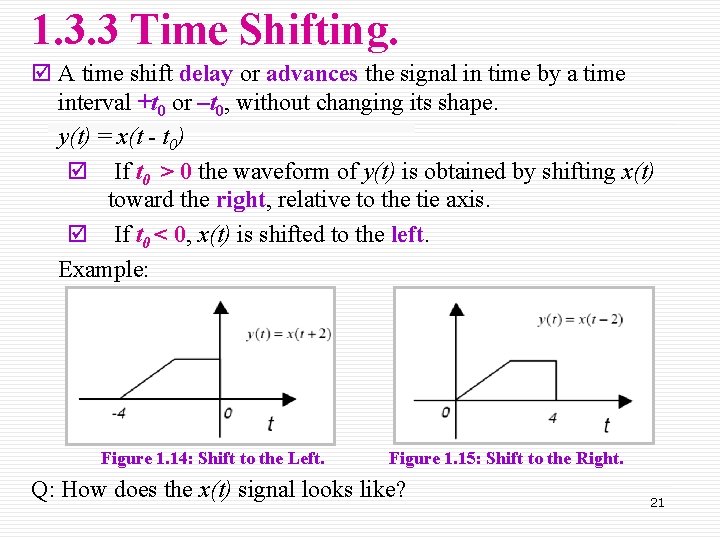 1. 3. 3 Time Shifting. þ A time shift delay or advances the signal