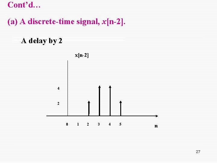 Cont’d… (a) A discrete-time signal, x[n-2]. q A delay by 2 x[n-2] 4 2