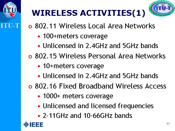 WIRELESS ACTIVITIES(1) ITU-T o 802. 11 Wireless Local Area Networks • 100+meters coverage •