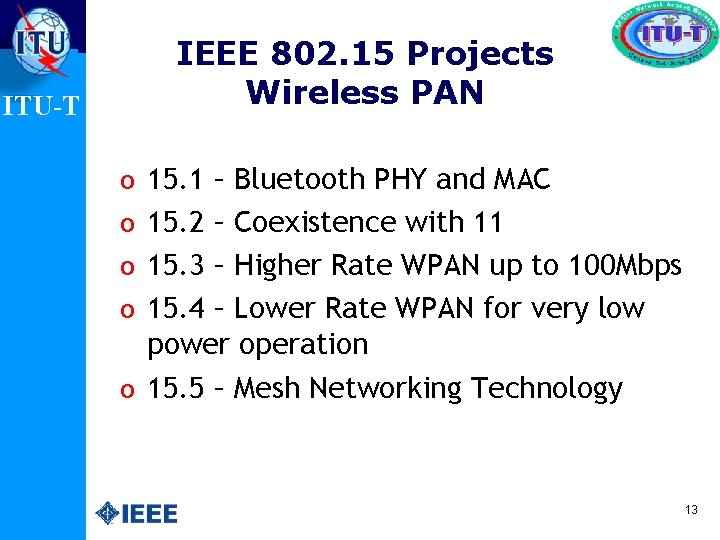 ITU-T IEEE 802. 15 Projects Wireless PAN o 15. 1 – Bluetooth PHY and