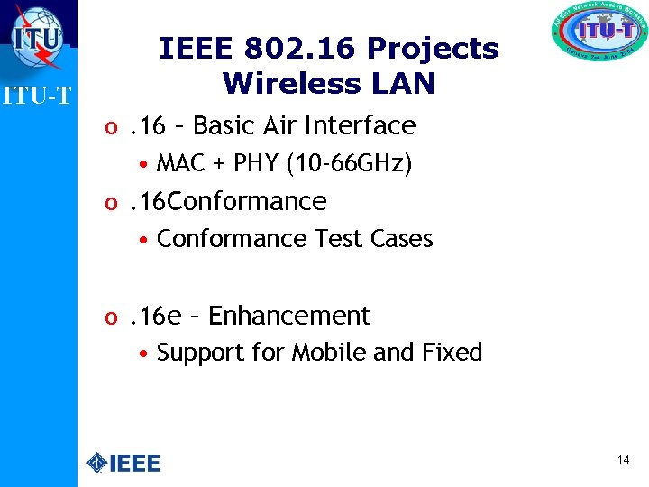 ITU-T IEEE 802. 16 Projects Wireless LAN o. 16 – Basic Air Interface •