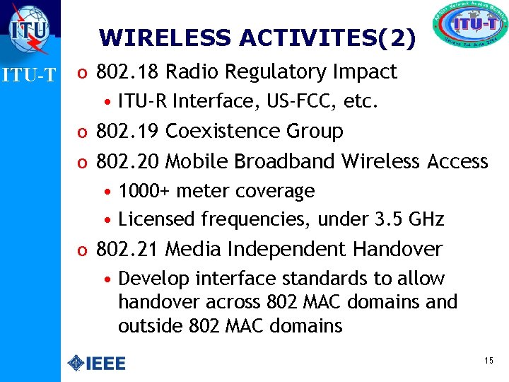 WIRELESS ACTIVITES(2) ITU-T o 802. 18 Radio Regulatory Impact • ITU-R Interface, US-FCC, etc.