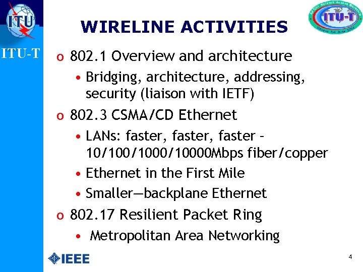 WIRELINE ACTIVITIES ITU-T o 802. 1 Overview and architecture • Bridging, architecture, addressing, security