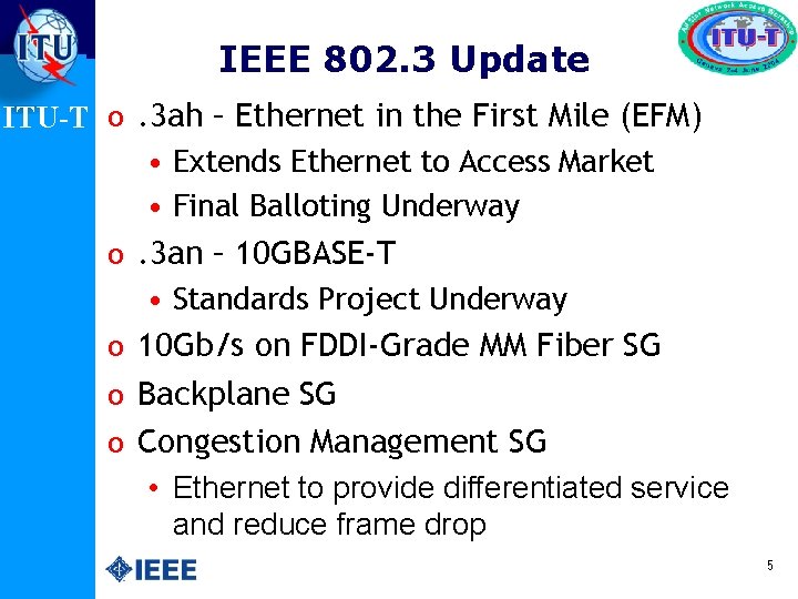 IEEE 802. 3 Update ITU-T o. 3 ah – Ethernet in the First Mile