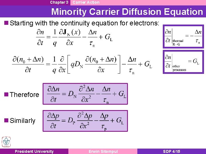 Chapter 3 Carrier Action Minority Carrier Diffusion Equation n Starting with the continuity equation