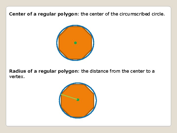 Center of a regular polygon: the center of the circumscribed circle. Radius of a