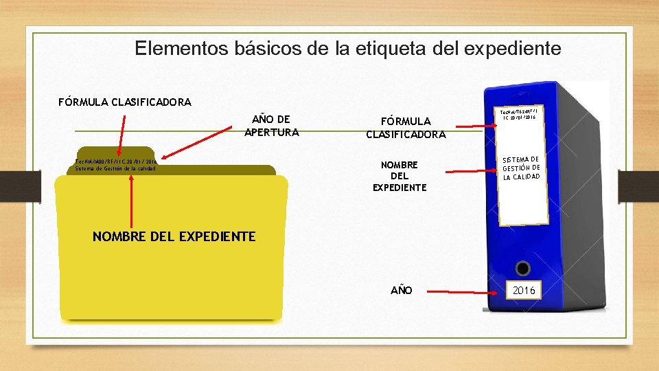 Elementos básicos de la etiqueta del expediente FÓRMULA CLASIFICADORA AÑO DE APERTURA Tec. NM/M