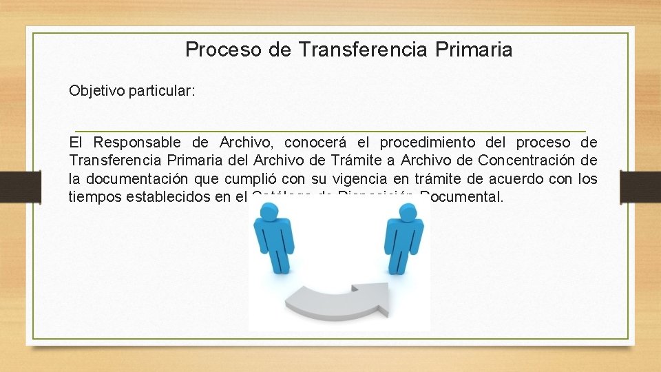 Proceso de Transferencia Primaria Objetivo particular: El Responsable de Archivo, conocerá el procedimiento del
