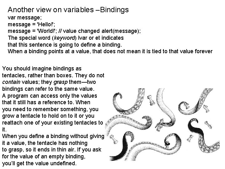 Another view on variables –Bindings var message; message = 'Hello!'; message = 'World!'; //