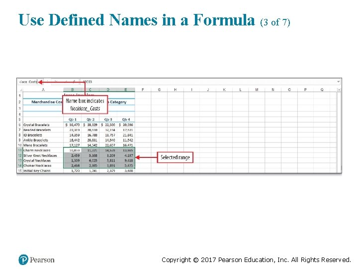 Use Defined Names in a Formula (3 of 7) Copyright © 2017 Pearson Education,