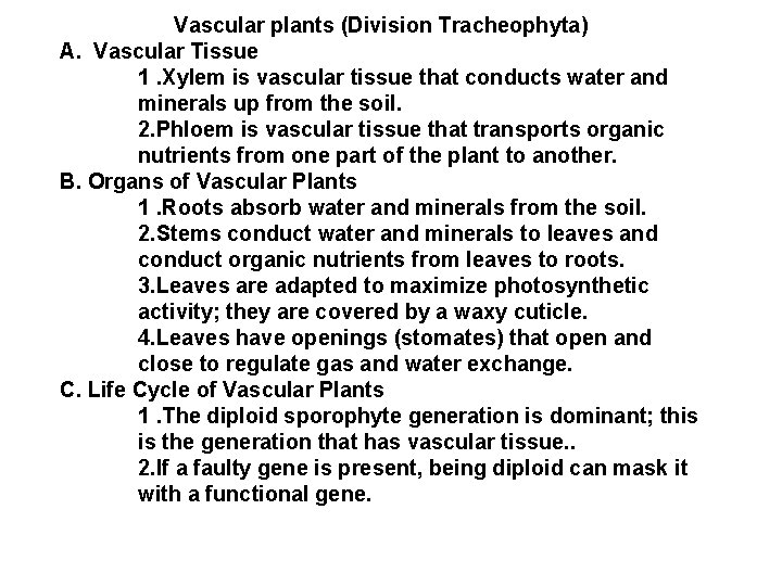 Vascular plants (Division Tracheophyta) A. Vascular Tissue 1. Xylem is vascular tissue that conducts