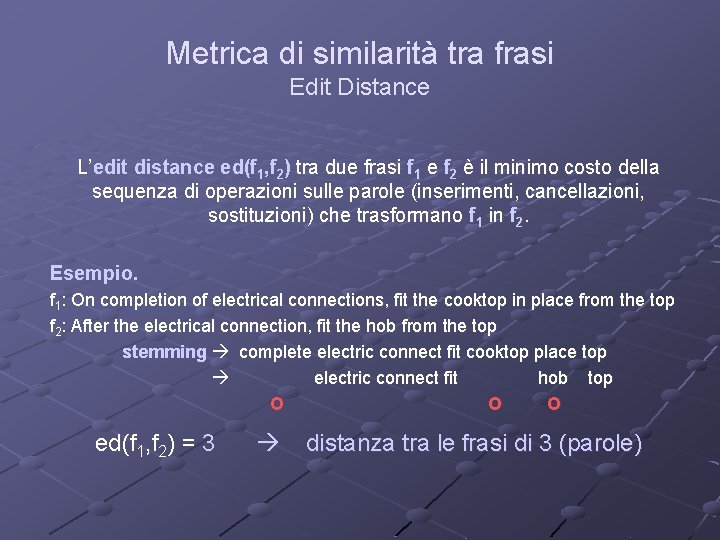 Metrica di similarità tra frasi Edit Distance L’edit distance ed(f 1, f 2) tra