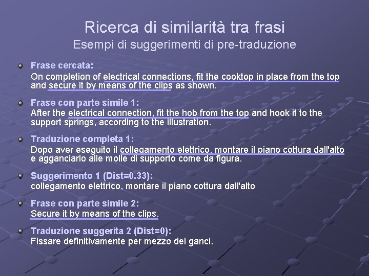 Ricerca di similarità tra frasi Esempi di suggerimenti di pre-traduzione Frase cercata: On completion