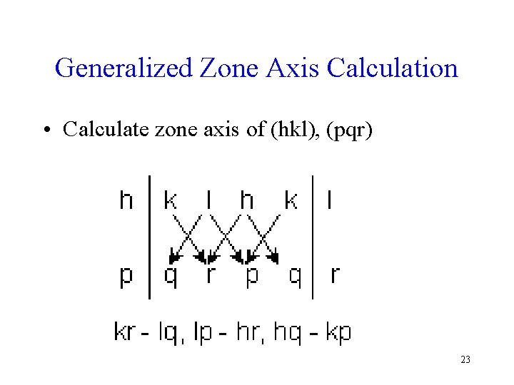Generalized Zone Axis Calculation • Calculate zone axis of (hkl), (pqr) 23 