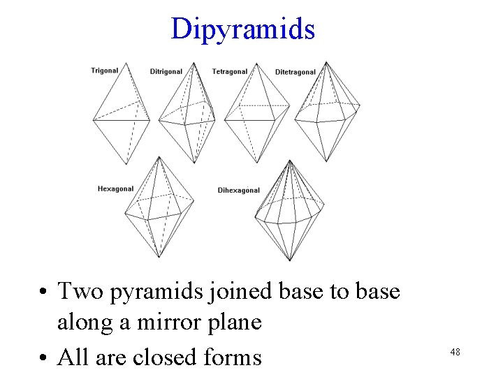 Dipyramids • Two pyramids joined base to base along a mirror plane • All