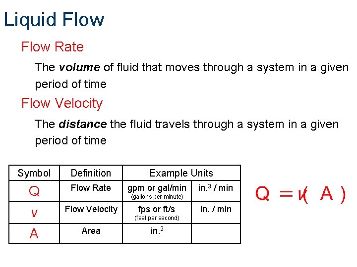 Liquid Flow Rate The volume of fluid that moves through a system in a