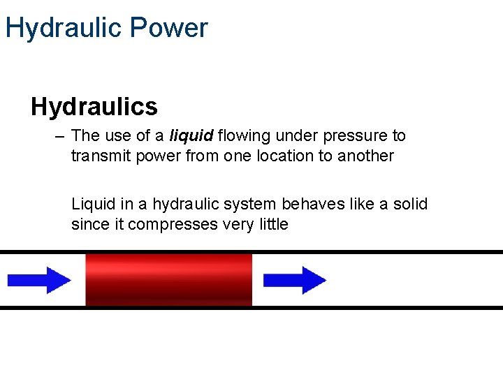 Hydraulic Power Hydraulics – The use of a liquid flowing under pressure to transmit